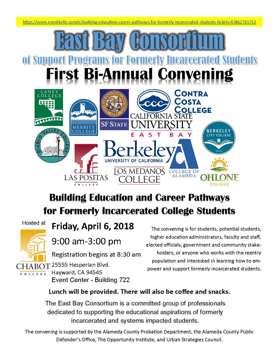 ACsChildren's tweet photo. Fri 4/6 at Chabot College, Hayward. The convening is for students, potential students, higher education administrators, faculty &amp; staff, elected officials, gov't &amp; community stakeholders, or anyone interested in learning how to empower &amp; support formerly incarcerated students. https://t.co/g5at6g3FFx