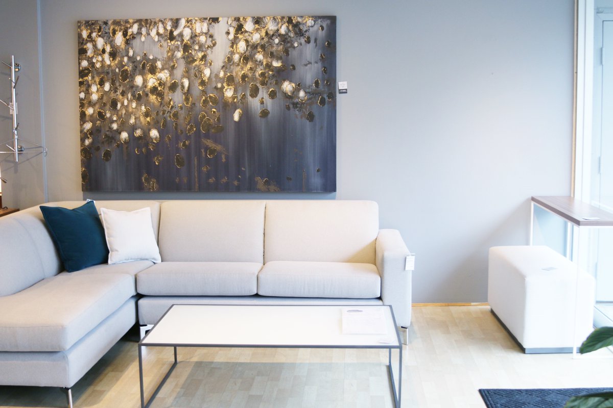 Add a wow factor to your living space with texture + colour. // Meteor Shower by @LeftBankArt  is hand painted over stretch canvas + is a truly unique piece perfect for any home. #BaysideYVR #LeftBankArt