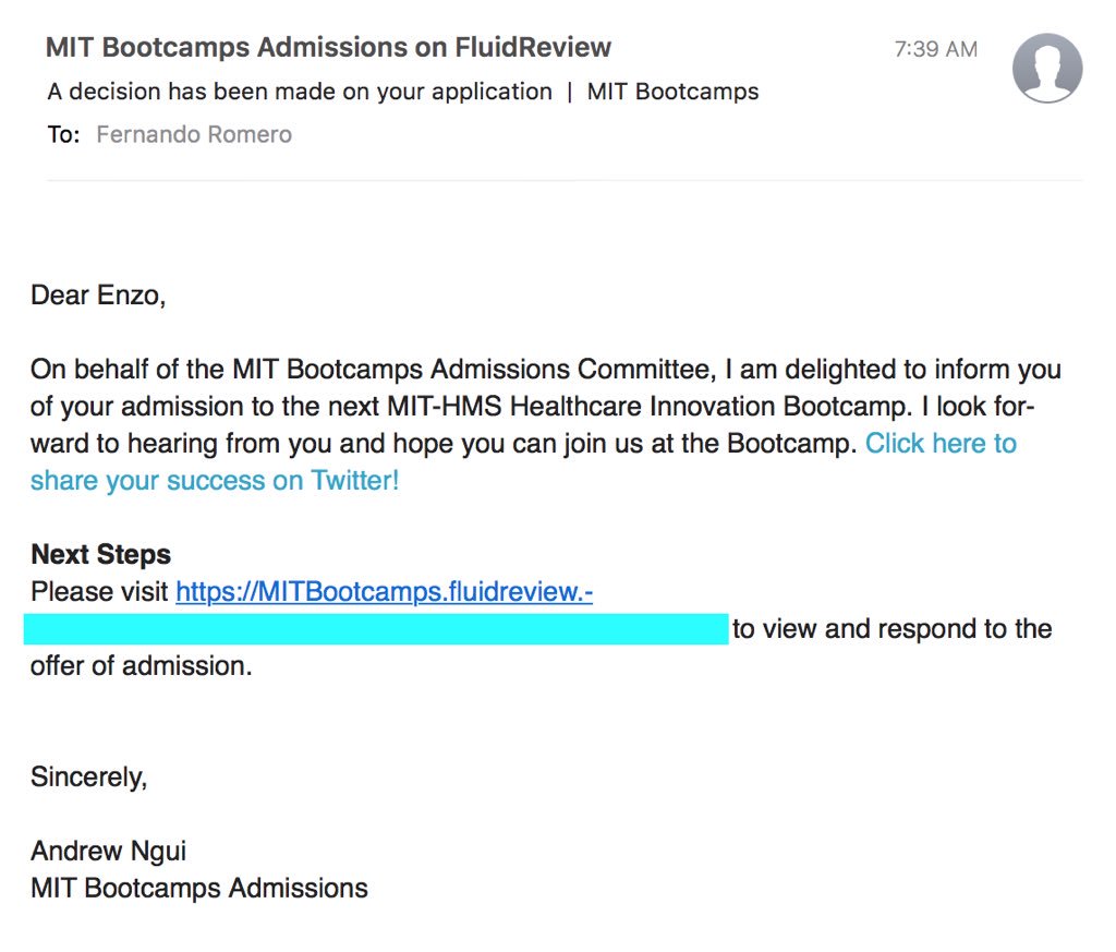 Muy emocionado de haber sido seleccionado para #MITBootcamp :’)
