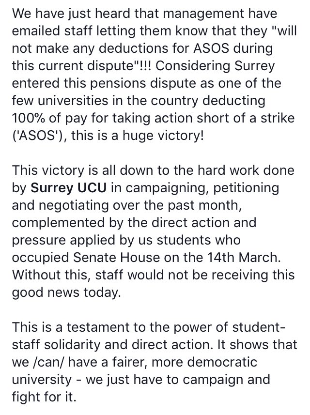 OccupySurreyUni's tweet photo. /// MAIN DEMAND OF THE OCCUPATION MET /// ALL PAY DECUCTIONS FOR ASOS REMOVED /// VICTORY FOR SURREY UCU AND THE OCCUPATION /// 

#occupysurrey #USSstrike #NoDetriment @UcuSurrey https://t.co/SPM3BTyMjZ