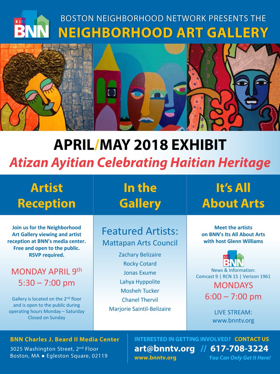 ArtsMattapan's tweet photo. We asked, and once again @KFineArtsStudio's Marjorie Saintil-Belizaire stepped up--curating the Mattapan Arts Council's #AtizanAyitian Celebrating Haitian Heritage Month @BNN's gallery.  Will we see U @ the art opening?

#MAC https://t.co/SiopVDMowg