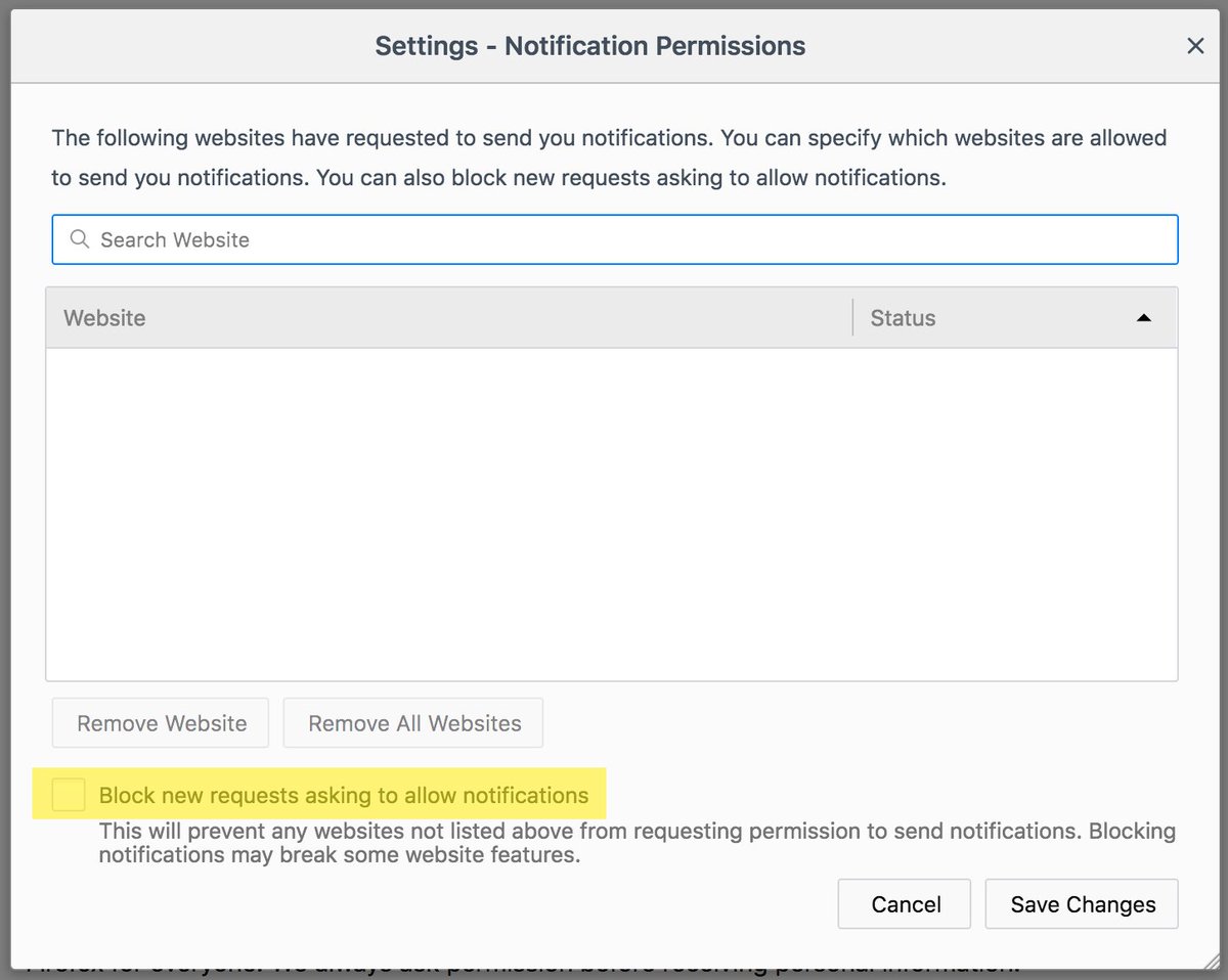 firefox's tweet photo. Sometimes it feels like every site in the universe wants permission to send you notifications about new stuff. 

Block 'em all from even asking with our latest update. Here's how: https://t.co/4g3WXoBmRv https://t.co/AyyBQGrGKG