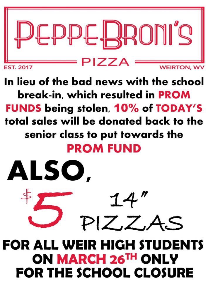 <a href="/PeppeBronis/">PeppeBroni's Pizza</a> in Weirton posted this photo on their Facebook page 7 hours ago. Just found out they are completely out of pizza! The community is coming together to support Weir High School!@WTOV9