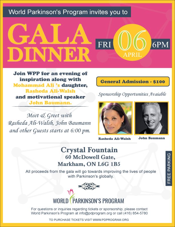 ParkinsonsMeds's tweet photo. #Rasheda Ali daughter of Muhammad Ali & John Bauman will be speaking in #Toronto at World #Parkinson's Program Gala dinner on April 6. WPP provides free medications to Parkinson's patients globally. https://t.co/Pqid2gAY3w #ParkinsonsMeds4All HAVE YOU PURCHASED YOUR TICKET? https://t.co/oR0yydZxx2