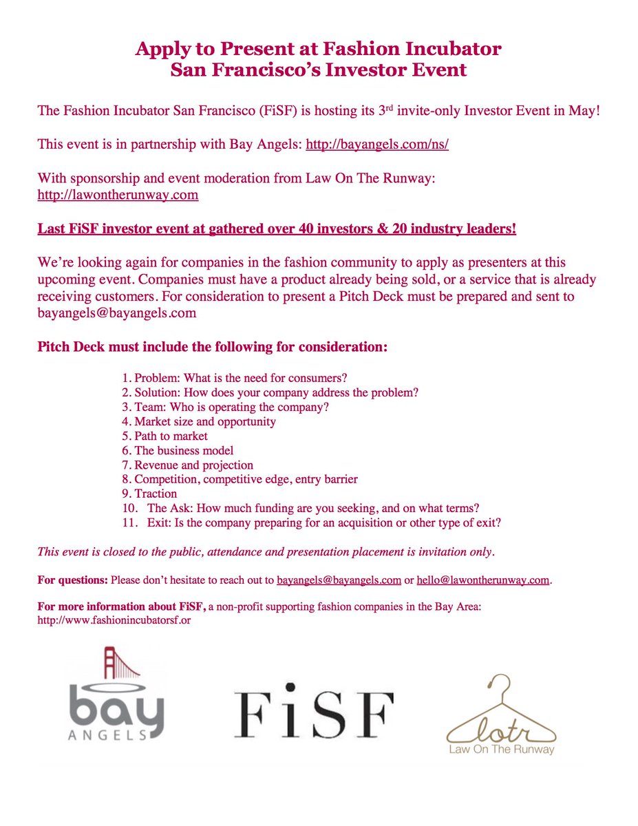 LawOnTheRunway's tweet photo. We are still reviewing companies for our #investorevent! To apply, please follow the instructions below. #fashioninvestors #fashioninvestment #fashtech #fashionstartup #fashionbiz #beautystartup #bayangels #fisf #fashionincubator https://t.co/xDXk0Miv7G
