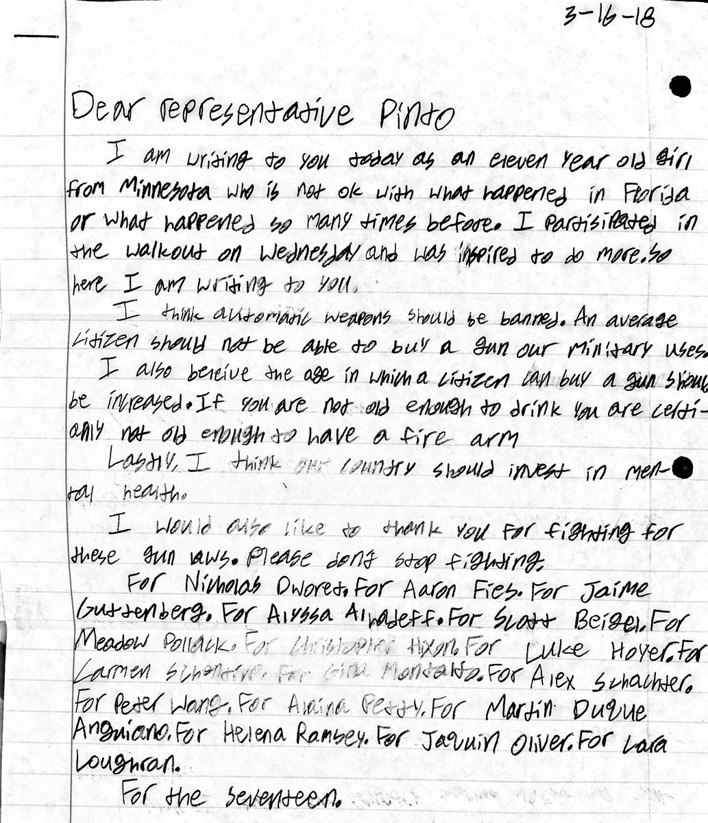 davepinto's tweet photo. Just opened this note from an 11-year old in my district and am overcome by the list of names. “I participated in the walkout on Wednesday and was inspired to do more. So here I am writing to you.” #ForThe17 #NotOneMore #Enough https://t.co/1au0meZgzc
