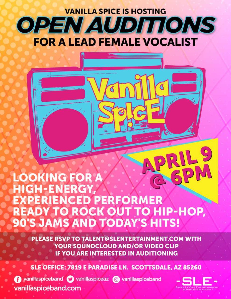 Ready to become a rockstar?🌟 Vanilla Spice is in search of a talented female vocalist to join the band! So come out April 9 for OPEN AUDITIONS and show us what you've got🎤