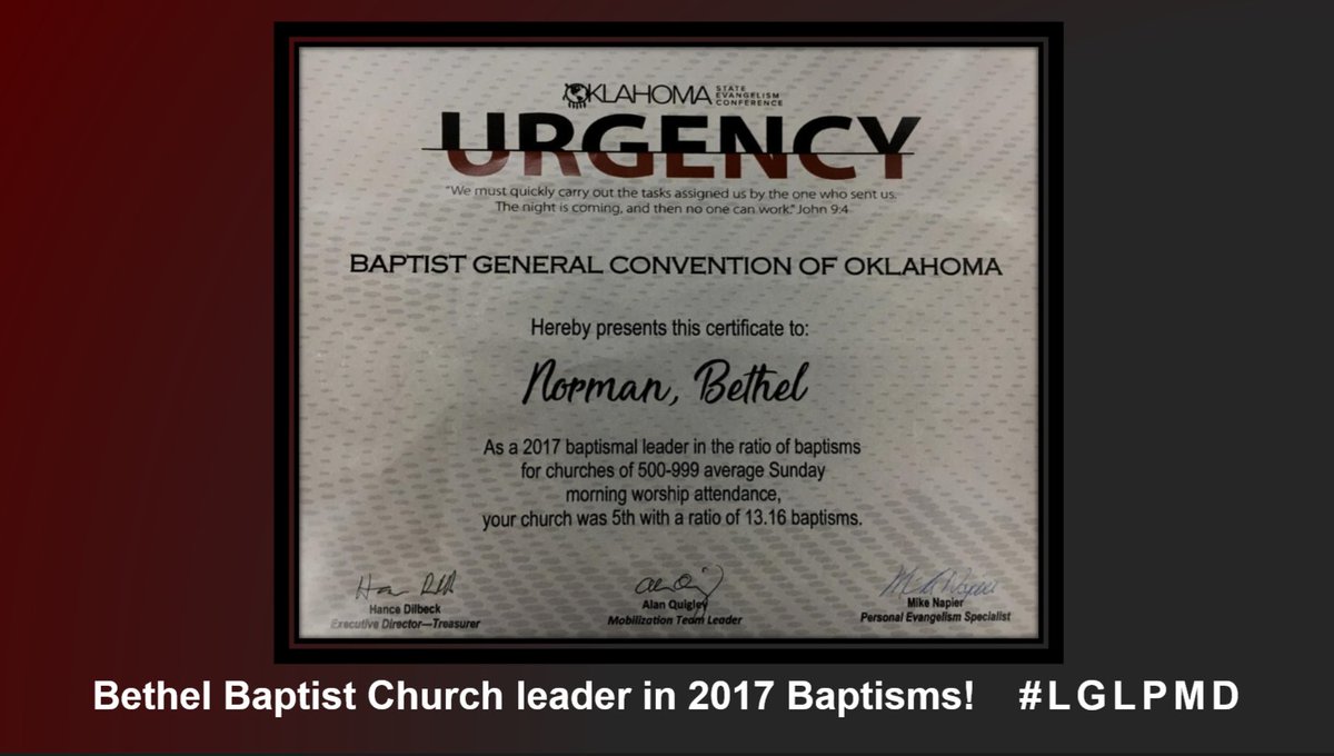 OneBethelFamily's tweet photo. Bethel Baptist Church in Norman is a church leader in 2017 baptisms! "We must carry out the tasks assigned to us by the one who sent us. The night is coming, and then no one can work."  John 9:4  #LGLPMD https://t.co/QlIkX1RkSF