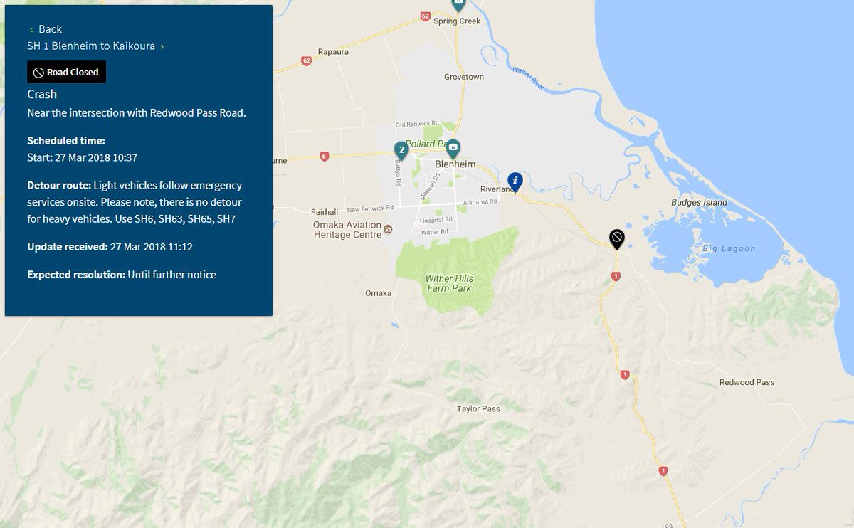 SH1 - BLENHEIM TO KAIKOURA - CRASH - ROAD CLOSED - 11:00AM - 27MAR 
The road is closed near the intersection with Redwood Pass Rd. Follow the directions of emergency services. There is no detour for heavy vehicles.^SM ow.ly/dncW30jaspN