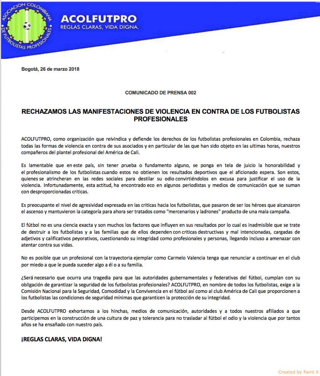 acolfutpro's tweet image. Comunicado @acolfutpro sobre la situacion de los Futbolistas Profesionales del @AmericadeCali. @Dimayor @Coldeportes @FIFPro @FIFProAmerica @FiscaliaCol @ElPaisDeportes @CaracolDeportes @ELTIEMPO @MelukLeCuenta @marinomillan @FuriaRojaTV @velezfutbol @FALCAO @abelaguilart