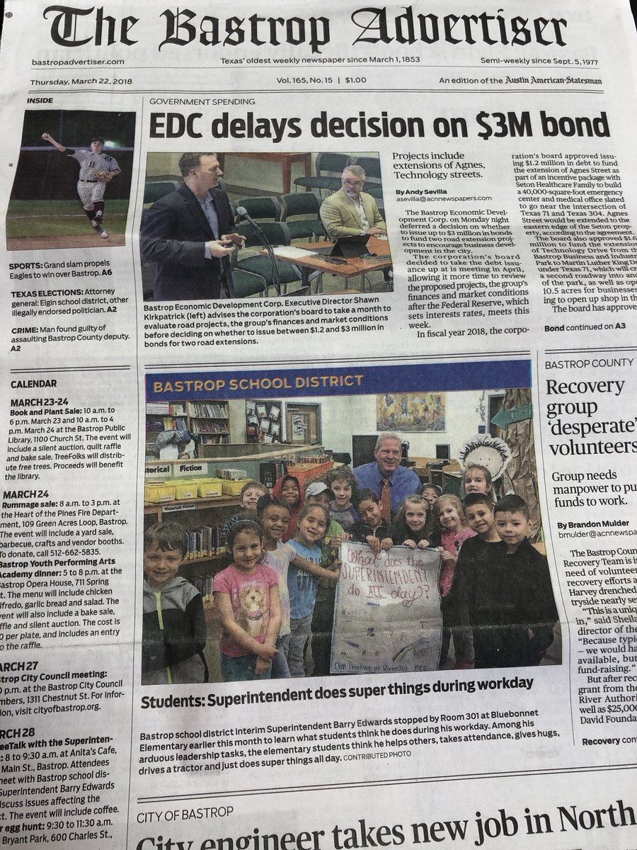 primarydaze's tweet photo. Room301 made the cover of the Bastrop Advertiser with answers to “What does the Superintendent do all day?” WTG littles!!! Your smart thinking made an impression...and some giggles. @bastropisd #heisSUPER
#HeTakesAttendanceAllDay
#HeCalmsPeopleDown
#HeDrivesATractor https://t.co/jBjYDIoUzV