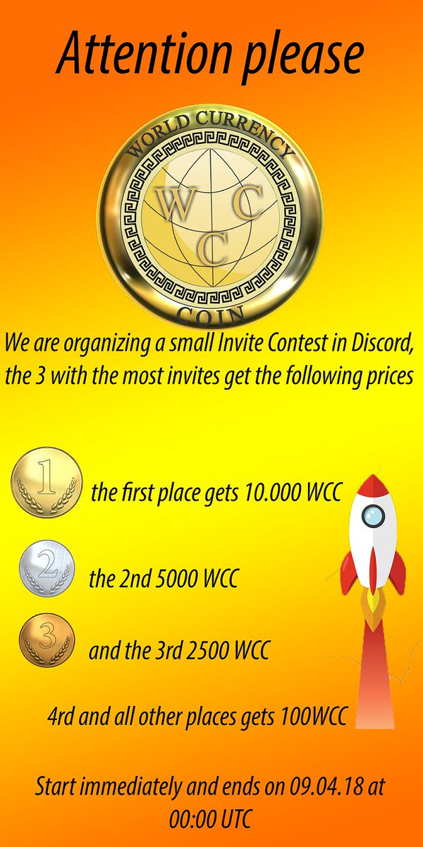 bitcoin_pool's tweet photo. We are organizing a small #Invite #Contest in our #Discord,
the 3 Users with the #most invites get the following #prices:
 
the first place gets 10.000 WCC 
the 2nd 5000 WCC 
and the 3rd 2500 WCC

https://t.co/ae55POMc1D
#Masternodes #bitcoin
@bitcointalk https://t.co/cenFzX1zkQ https://t.co/6V9zstM7mQ