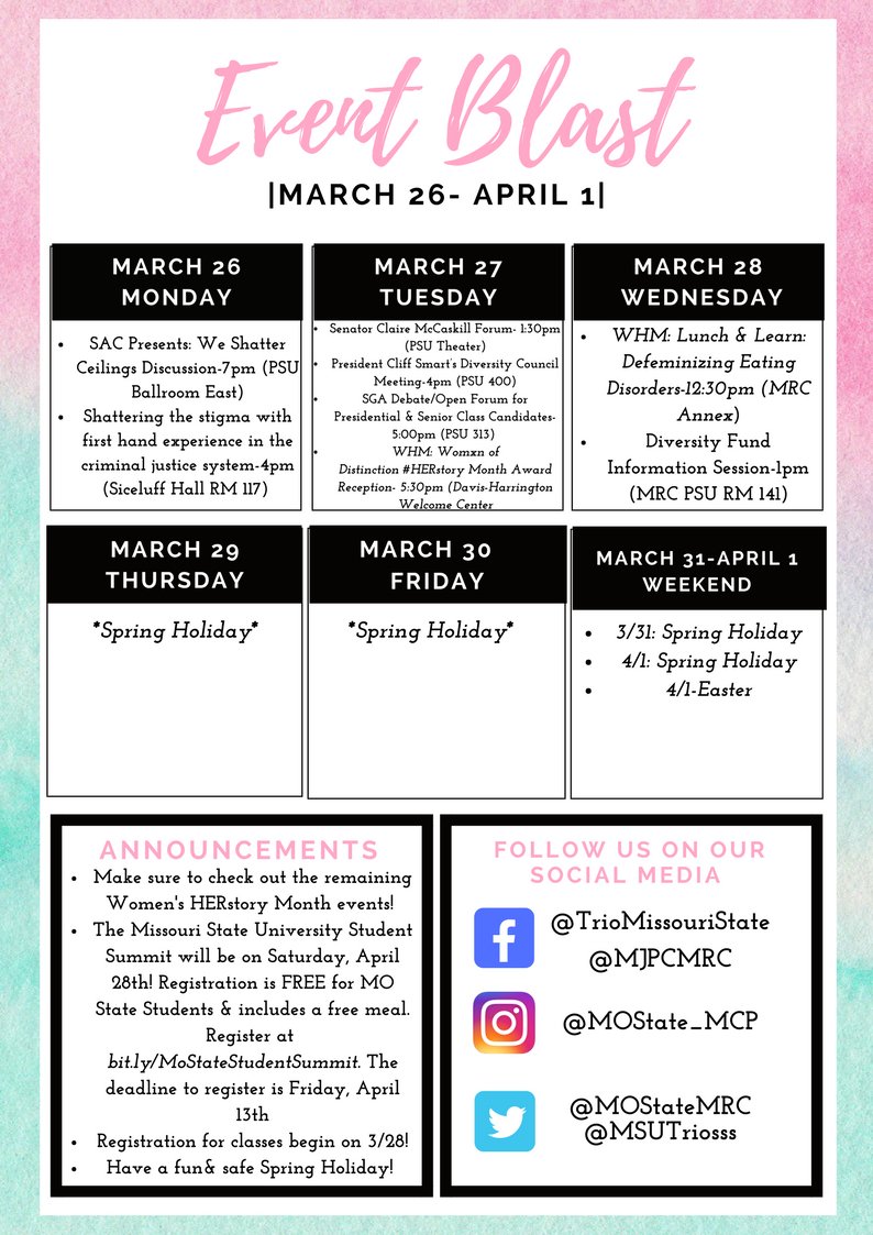 mostatemp's tweet photo. While it's a short week - there are a lot of great events on campus! Check out the Multicultural Services Event Blast #BearsOfDifference #MulticulturalServices https://t.co/5xgf7ZYSZn
