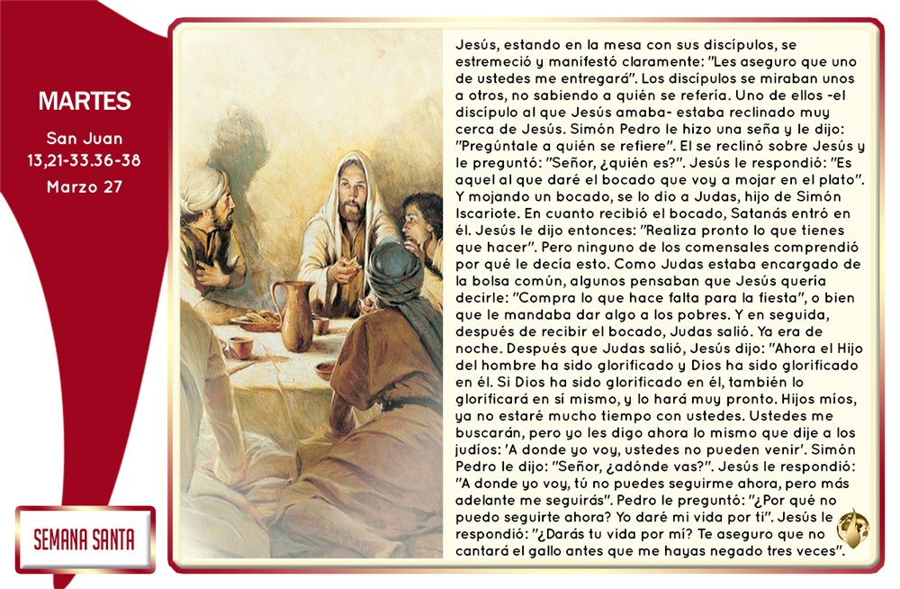 #EvangeliodelDía Martes Santo
Jesús, estando en la mesa con sus discípulos, se estremeció y manifestó claramente: "Les aseguro que uno de ustedes me entregará". #Martes