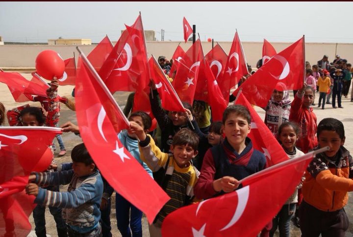 ZerdeshtM's tweet photo. Turkish propaganda claiming to have reopened a children's school in Afrin. Showing the photo of #TurkishPresident and #TurkishFlags 
#Afrin is #SyrianLand and belongs to the people of #Afrin NOT #Turkey
#stopethniccleansingofefrinun 
#StopTurkeySaveAfrin 
#GiveAfrinBack https://t.co/DZSQqKw7W2