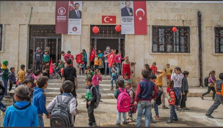 ZerdeshtM's tweet photo. Turkish propaganda claiming to have reopened a children's school in Afrin. Showing the photo of #TurkishPresident and #TurkishFlags 
#Afrin is #SyrianLand and belongs to the people of #Afrin NOT #Turkey
#stopethniccleansingofefrinun 
#StopTurkeySaveAfrin 
#GiveAfrinBack https://t.co/DZSQqKw7W2
