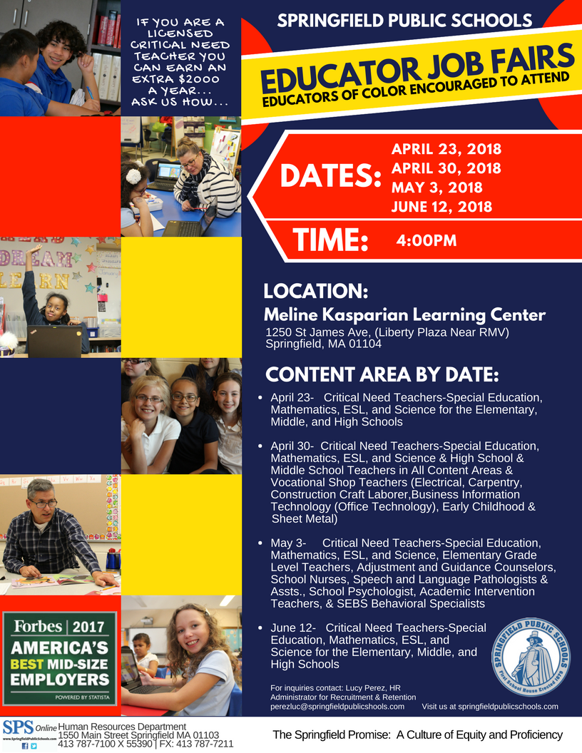 SpringfieldK12's tweet photo. Mark your calendars and help us spread the word about our upcoming Educator Job Fairs! #Hiring #Jobs #Springfield #Employment #JobListing #JobHunt #TweetMyJobs #educators #Teachers #JobFair #NewEngland #Massachusetts https://t.co/6i1SLbg216