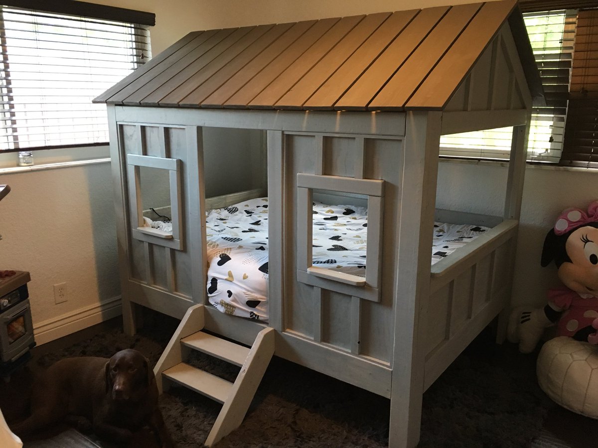 Simplifyimprove's tweet image. This bed is being sold by one of those fancy online furniture stores for $2500. We did it for less than half! They love it! Even the dog looks comfortable! #customfurniture #childsbed #kidsfurniture #carpenter
