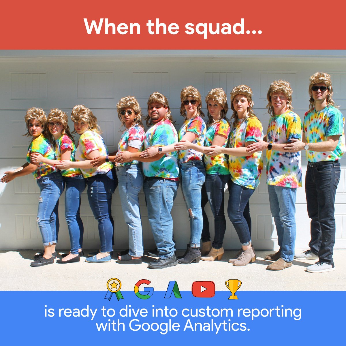 Atlantic_Health's tweet photo. Hey @googlepartners - we may or may not have overnighted a 10-pack of mullets and tie-dyed our shirts Google-colored ❤️💛💚💙to pull off the most epic #AwkwardFamilyPhotos for the #WeArePartners contest... Now just imagine the lengths we go to for our clients. #MulletMondays https://t.co/GJe0X9yE2L