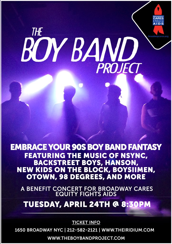 TBBPNYC's tweet photo. The Boy Band Project is getting together for “Just one NIGHT... Una Nocé” in New York City to do concert and raise some money for BROADWAY CARES: EQUITY FIGHTS AIDS. Come out and embrace your 90’s boyband fantasy with us at The Iridium in Times Square!!! 

https://t.co/kkTRukoXq5 https://t.co/ttmMJIBGbk