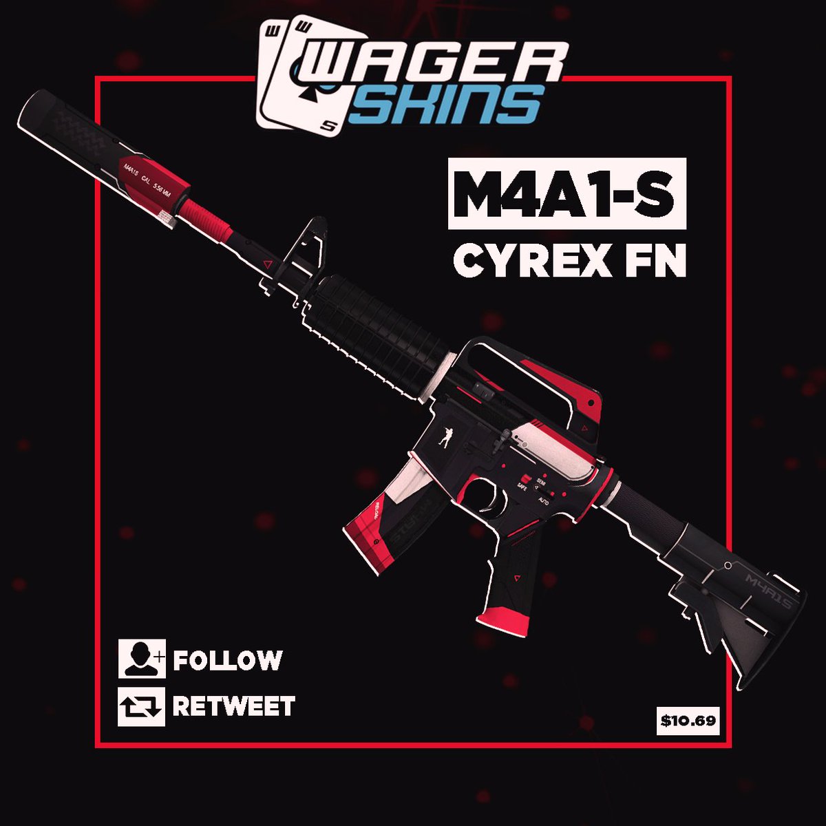 WagerSkins's tweet photo. M4A1-S Cyrex (FN) Giveaway!

To Enter: 
- RT &amp; Like 
- Follow @WagerSkins 
- Tag a friend  

Rolling in 24 hours! https://t.co/uibCYJtrTj