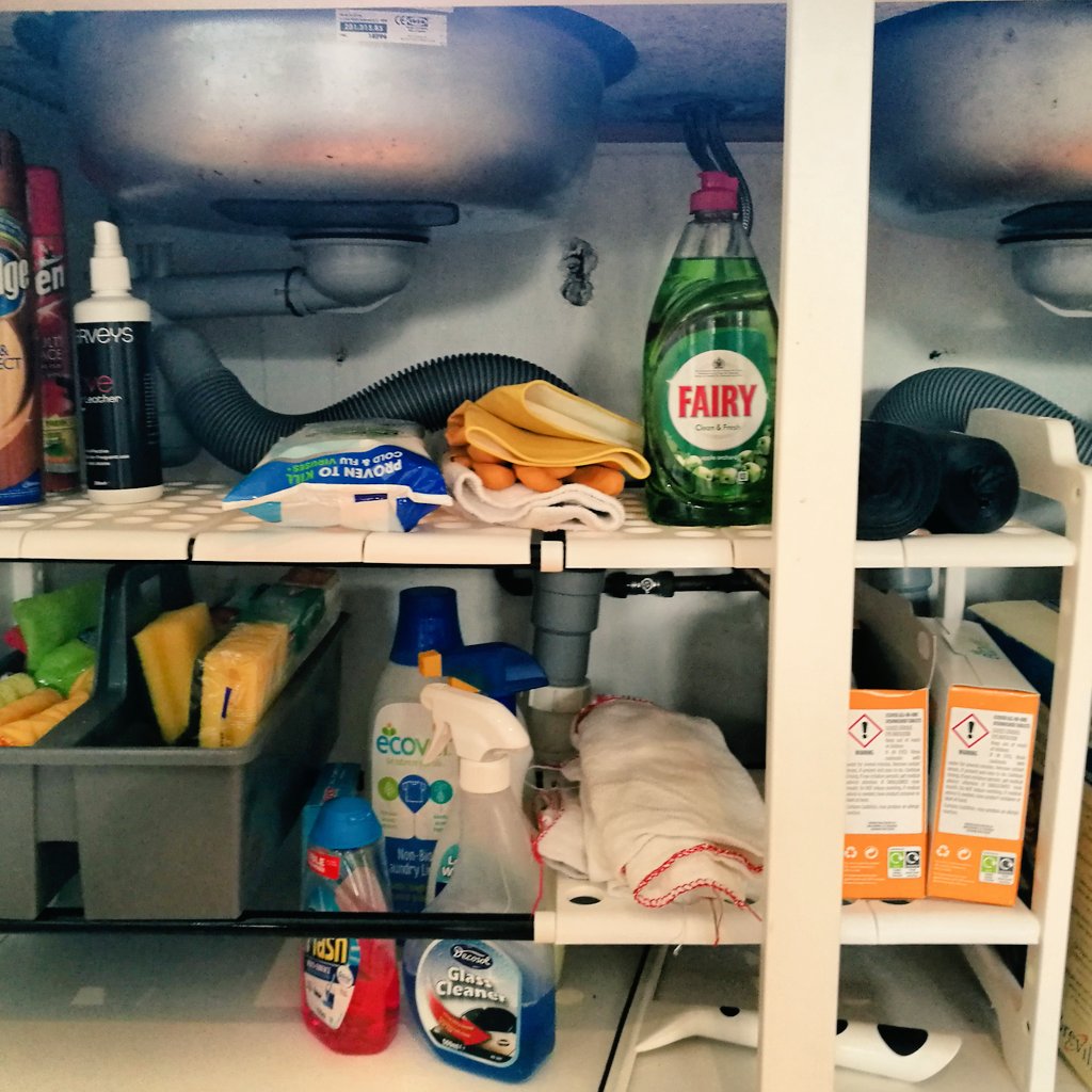 afreshstartuk's tweet image. Organise your under sink cupboard with one of these fully adjustable shelves. Don't forget to declutter first! #SpringClearing2018 #decluttering #organising #Storage