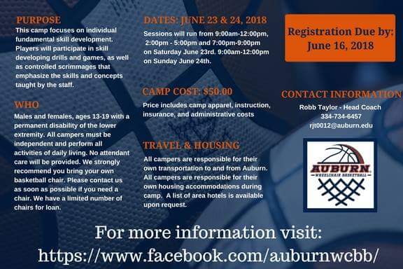 Auburn_Adapted's tweet photo. Have you registered yet???

 Auburn Wheelchair Basketball Summer Camp spots are filling up quick. Click the link and make plans to join us June 23rd &amp; 24th!
https://t.co/Ts3NqK6FQe
#Auburn #WarEagle #SummerCamp #AuburnBasketball #AuburnBasketballCamp #Basketball https://t.co/13GfC5FYnQ