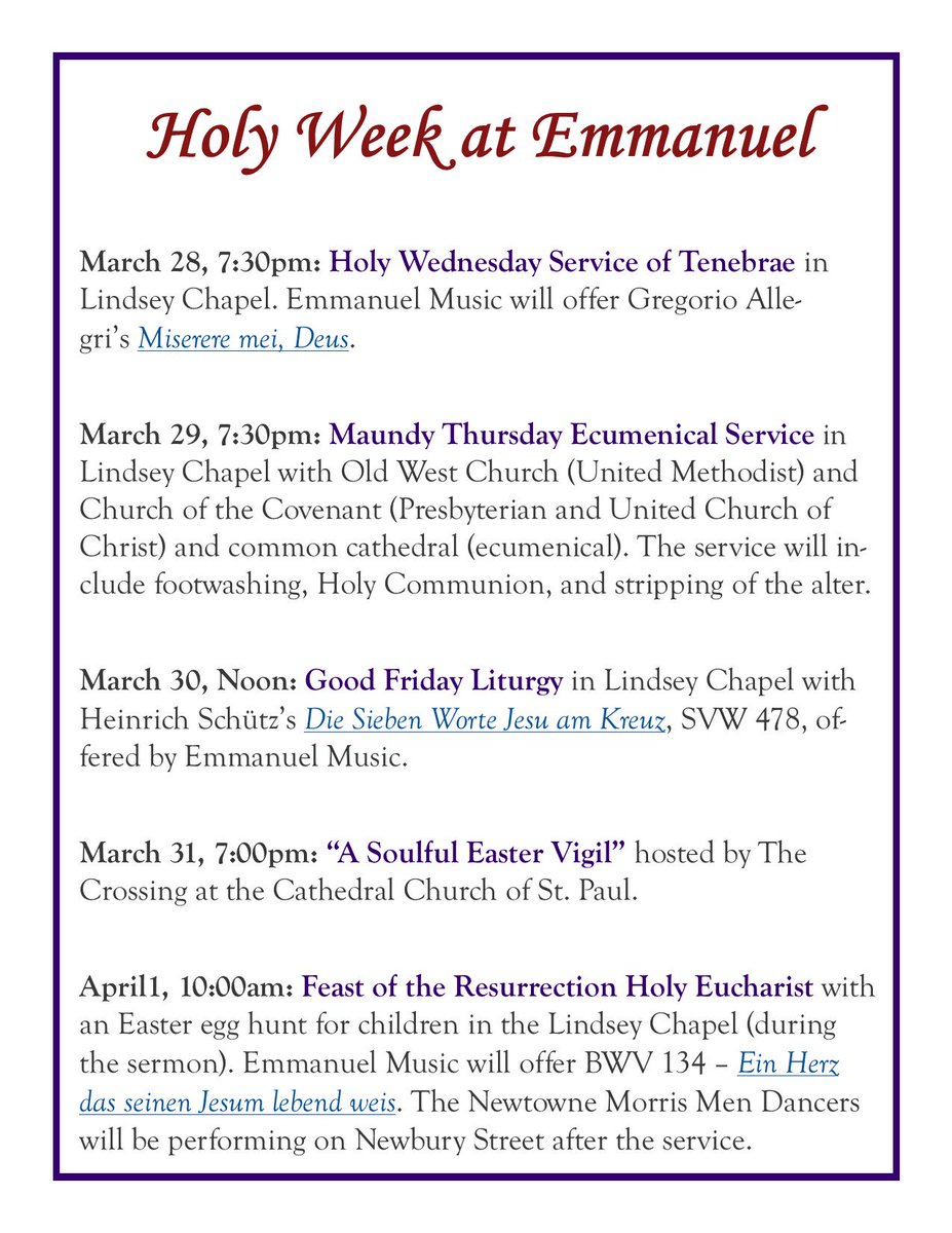 EmmanuelBoston's tweet photo. #HolyWeek2018 is upon us! All are welcome to journey with us &amp; @EmmanuelMusic this week: https://t.co/dODi4LmARL