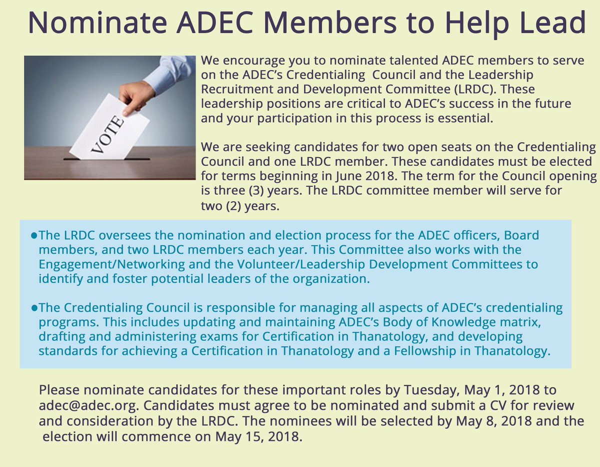 ADECnews's tweet photo. ADEC is looking for a few good members to help serve in some leadership positions. Members are welcomed to nominate their fellow members before May 1, 2018. https://t.co/SIDir5Pxe5