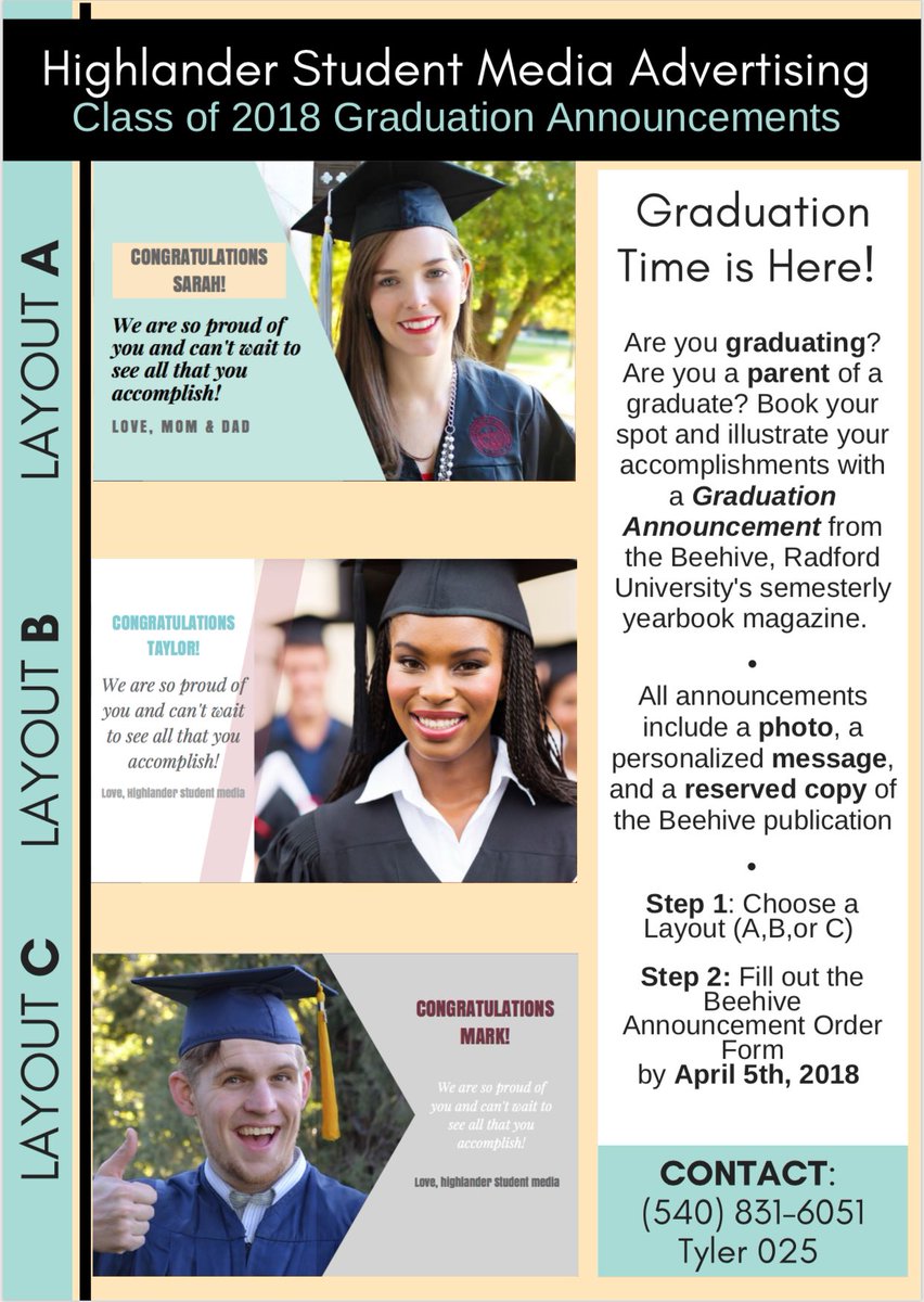 RadStudentMedia's tweet photo. Calling all seniors if you’re interested in having your announcements for graduation posted in the Beehive, follow the instructions listed below and send the form in by April 5th! 🎓 https://t.co/huSJ9THdse