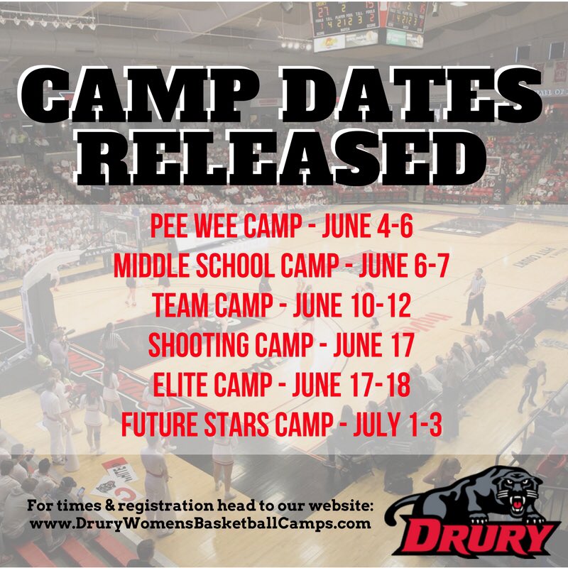 Our camp dates for summer 2018 have been released! Head to our website DruryWomensBasketballCamps.com. If you have any questions email Coach Ragsdale at eragsdale@drury.edu