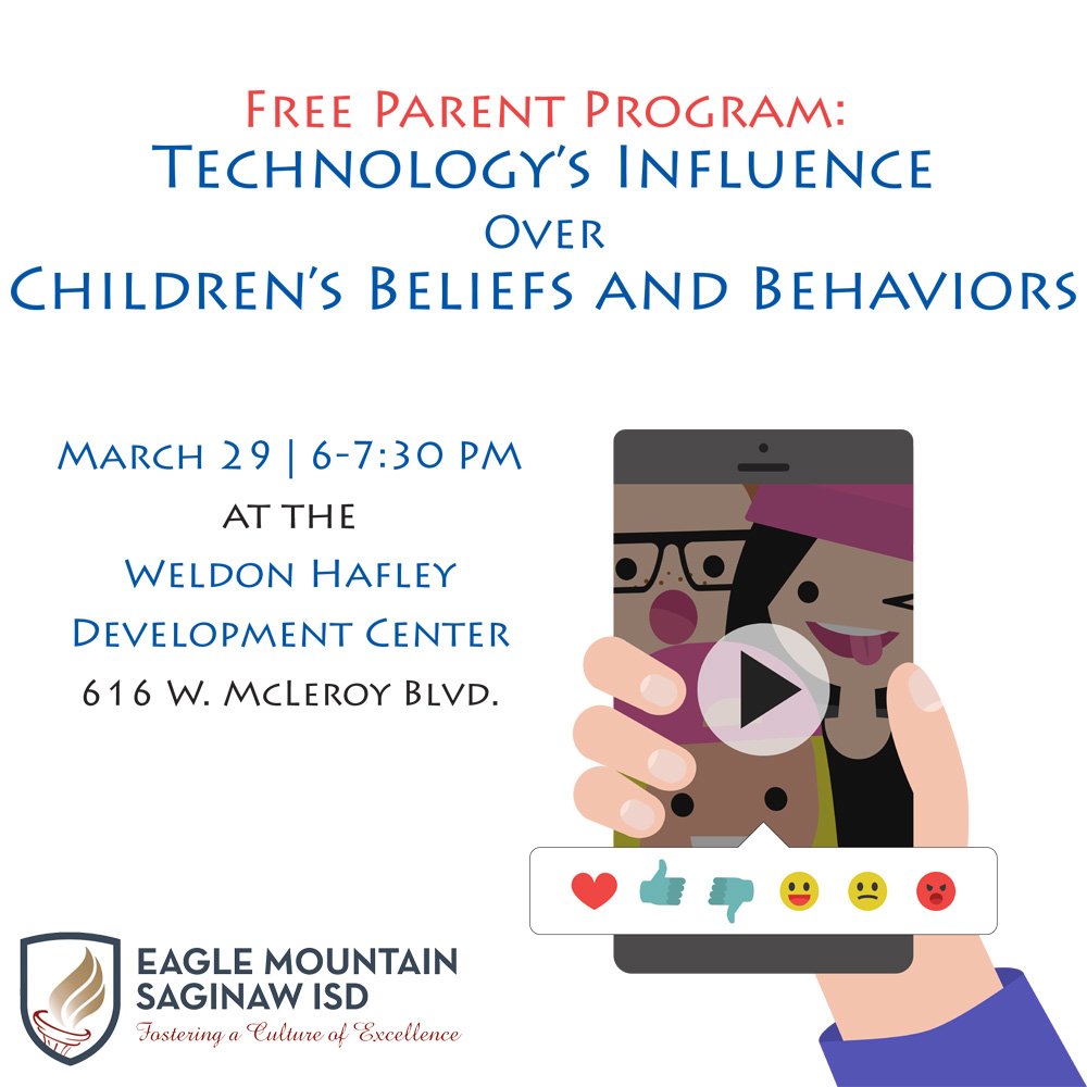 EMSISD's tweet photo. All parents are invited to attend "Technology's Influence over Children's Beliefs and Behaviors," on March 29, 6-7:30 pm at Hafley Development Center to learn how technology can impact behavior and practical, realistic things you can do to help. More info: https://t.co/48On2ouLOl https://t.co/BsHncw05yS