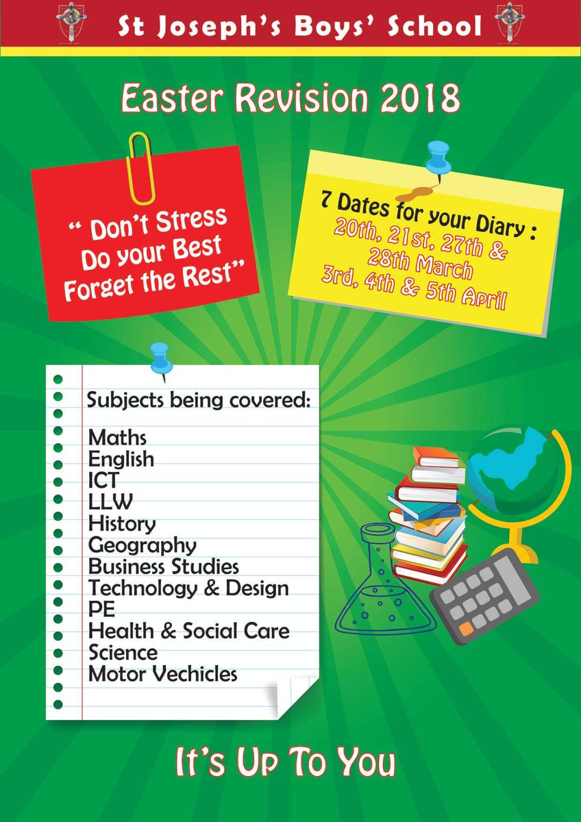 StJosephsDerry's tweet photo. English revision tomorrow 3.30 to 5pm for all year 12 pupils. Refreshments served in lecture theatre at 3.15pm. Maths revision Wednesday followed by Easter revision next week. Please see timetable attached.#ITSOVERTOYOU https://t.co/GtAYAIiA2v