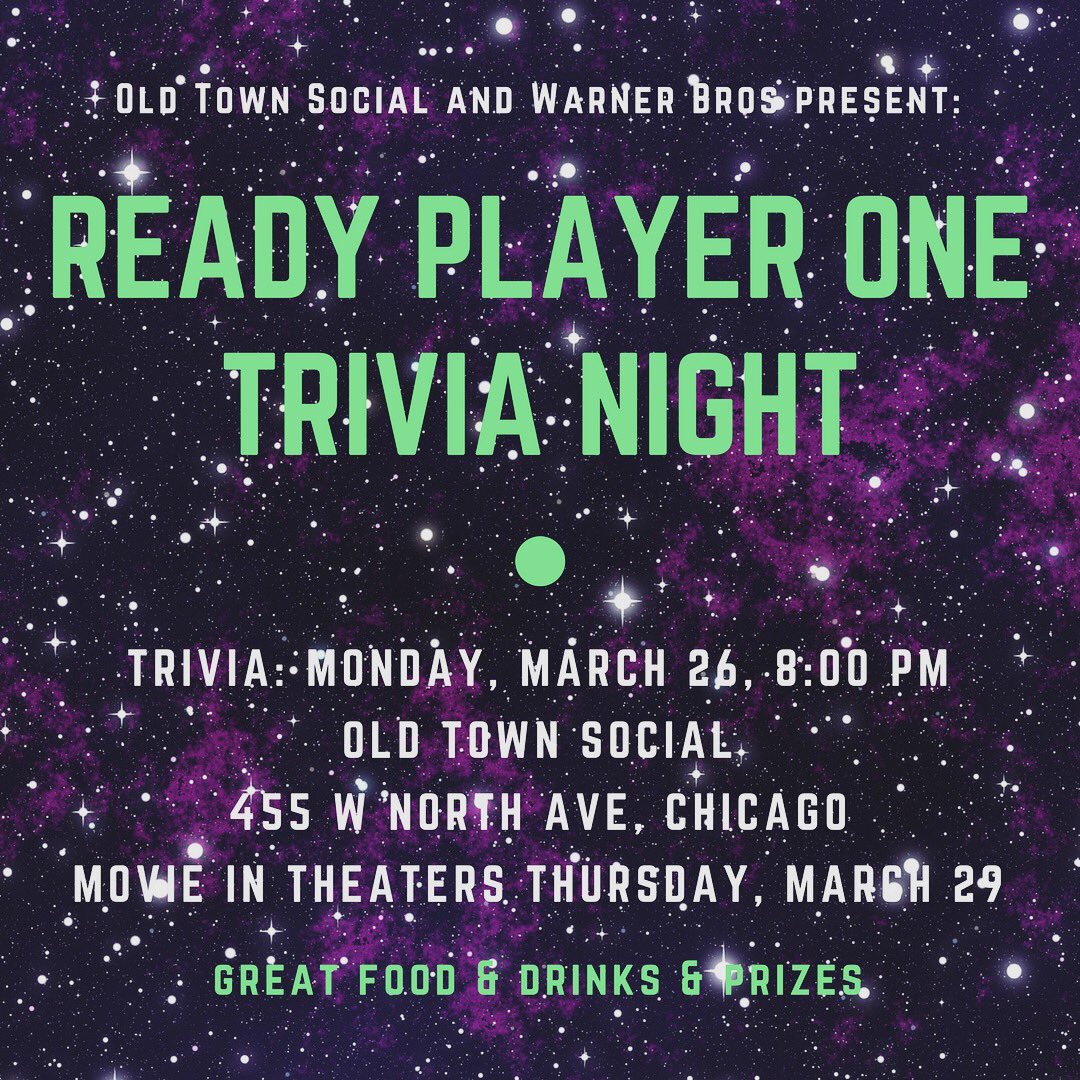 Tonight is the night! Come in and play trivia! You could win free tix to see <a href="/readyplayerone/">Ready Player One</a> in theaters!
.
.
#oldtownsocial #readyplayerone #movies #movie #trivia #trivianight #chicago #chicagogram #gamenight #game #games #fun #drinks #eeeeeats #fun #monday #mondayfunday #prize