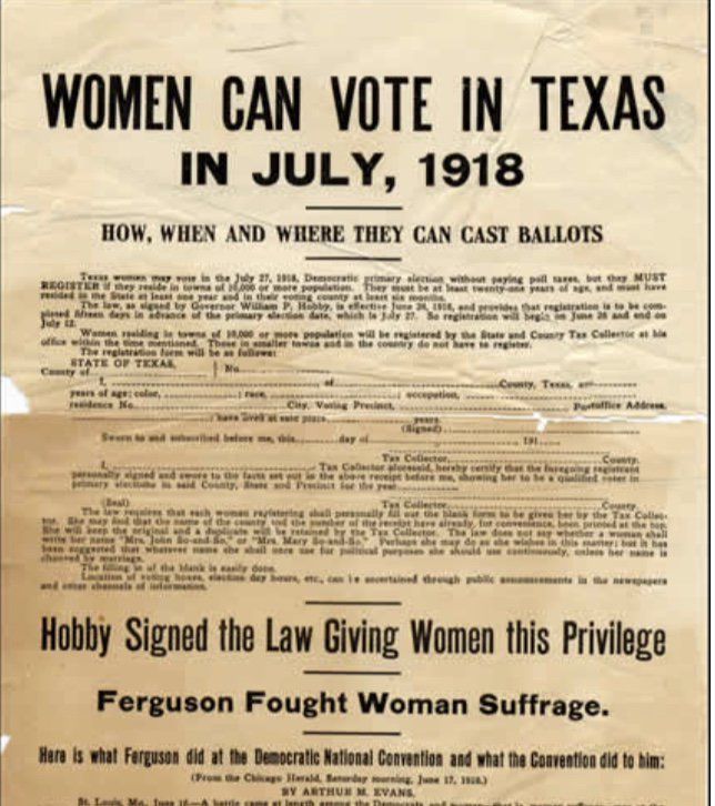 AnniesListTX's tweet photo. 100 years ago today, Gov. William Hobby signed a bill allowing women in Texas to vote in the primaries- and women came out in force! In 17 days, 368,000 women registered to vote. Let's honor them by doing the same thing and never stop voting! #electwomen #GOTV #changepower https://t.co/68kVIihIIU