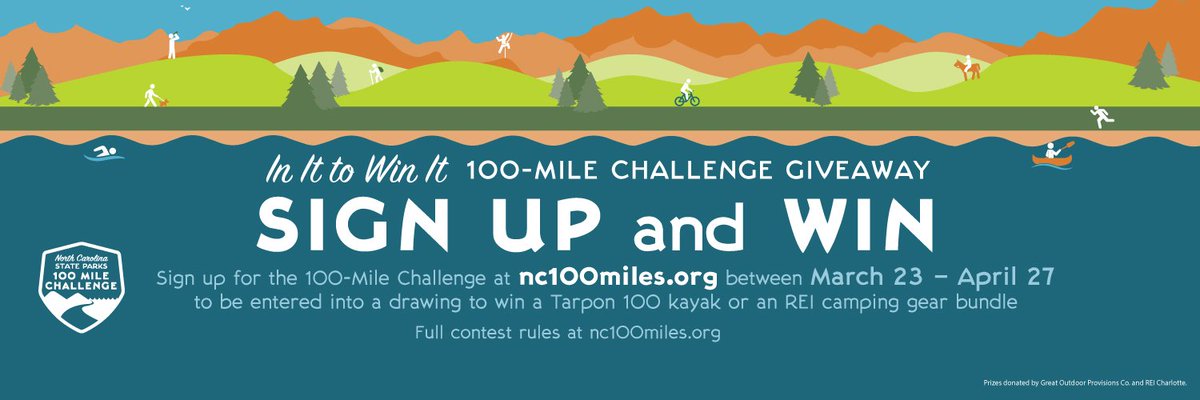 NCparks's tweet photo. Are you in it to win it? Sign up today for the NC 100 Mile Challenge. @nc100miles #nc100milesinit #contest #outdoors #kayak #camp #paddle #ride #run https://t.co/r3K1bc1bLE