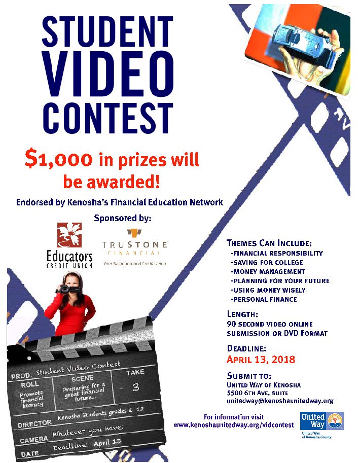 UWKenoshaCounty's tweet photo. Student Opportunity!!  Kenosha's Financial Education Network, led by United Way of Kenosha County, is seeking video submissions from registered Kenosha County students in grades 6-12 to educate and promote financial literacy.  Please learn more from our flyer!! https://t.co/KZRXi953Y9