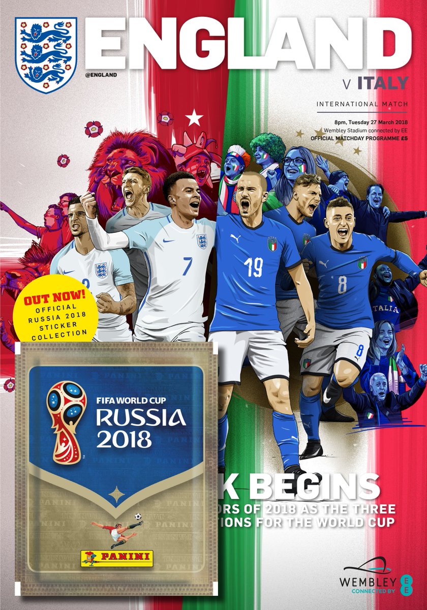 England's tweet photo. 🔘 @sterling7 &amp; @JPickford1 exclusives
🔘 Gareth Southgate's pre-match notes
🔘 Gianluigi Buffon's tribute to Davide Astori
🔘 Free @OfficialPanini stickers

All this and more in tonight's programme – available at @wembleystadium and online: https://t.co/NXOh24NqJo https://t.co/QmzFq9EDzp