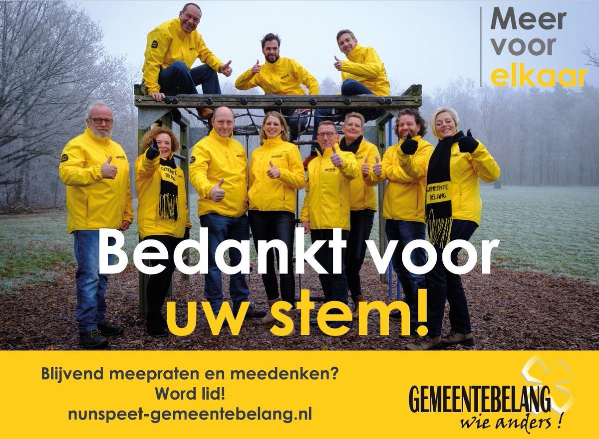 GB_Nunspeet's tweet photo. Met 6 zetels is Gemeentebelang de grote winnaar van de gemeenteraadsverkiezingen 2018. Wij willen onze leden, sponsoren en kiezers hartelijk danken voor het vertrouwen. Door uw steun is het weer mogelijk veel te bereiken in de @gem_nunspeet. #advertentie @NunspeetHAH https://t.co/AzT3nOtF8o