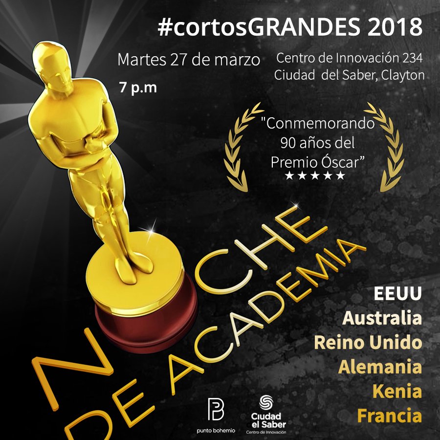 PuntoBohemio's tweet photo. Punto Bohemio presenta “Noche de Academia” conmemorando los 90 años del Premio Óscar con la selección oficial de cortometrajes nominados y ganadores.
Martes 27, @CiudaddelSaber, 7pm, entrada y popcorn gratis. 
Detalles: 
https://t.co/oEAQvVqQoU https://t.co/W1JMynCz4h