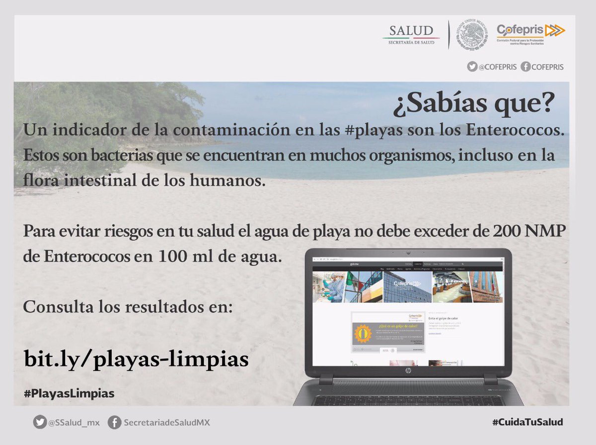 COFEPRIS's tweet photo. #SabíasQue Un indicador de la contaminación en las #playas son los #enterococos (bacterias que se encuentran en muchos organismos). #PlayasLimpias @sanchezytepoz @SSalud_mx       https://t.co/mjK8R5zwi4 https://t.co/NR9x7tzsUT