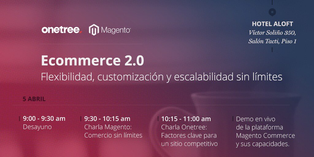 Este 5 de abril, vení a desayunar con Onetree y Magento e informarte sobre Ecommerce

Cupos limitados! 
Reserva tu lugar: 
tinyurl.com/yddgkw2n