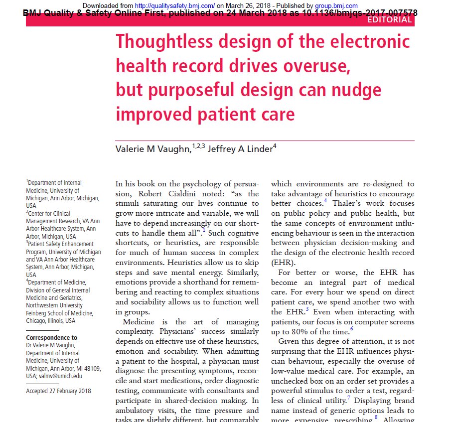 jeffreylinder's tweet photo. Thoughtless design of the electronic health record drives overuse, but purposeful design can nudge improved patient care | Heuristics, Emotion, and Social Factors | Spearheaded by @ValerieVaughnMD https://t.co/7Zruq2NG4j https://t.co/iW1gcPLZHt