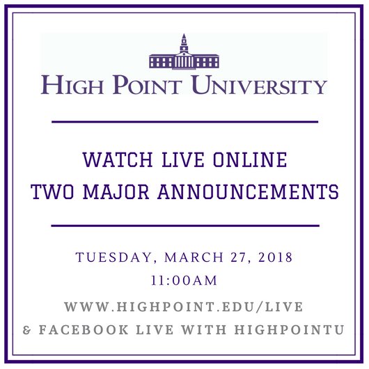 HighPointU's tweet photo. HPU President @NidoQubein will deliver two major announcements for HPU and HPU’s continued growth to the university family and community members.
⏰: 11 a.m. on Tuesday, March 27
📍: Hayworth Fine Arts Center on HPU’s campus
📲: Watch live at https://t.co/fnv31rDlBa or Facebook https://t.co/OGHXJSKxp2