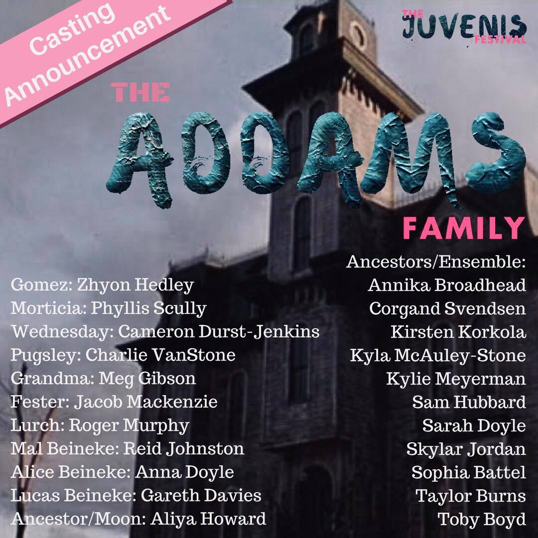 BlueCanoePro's tweet photo. We are excited to announce the #juvy2018 casting list for the @juvenisfest project: The Addams Family! For more information about this quirky musical, and tickets visit : https://t.co/A6RB2OME4d https://t.co/vwquYe2Gdu