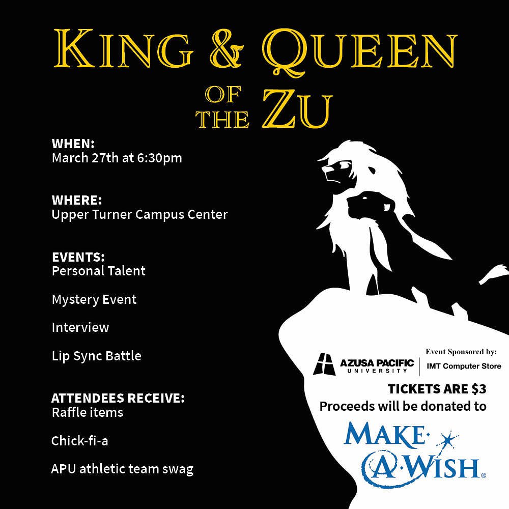 It's all happening tomorrow. See who will be crowned King and Queen of the Zu at 6:30pm tomorrow night in UTCC!

You don't want to miss out on this🤴🐾👸 #SAACWest #KingandQueenoftheZu