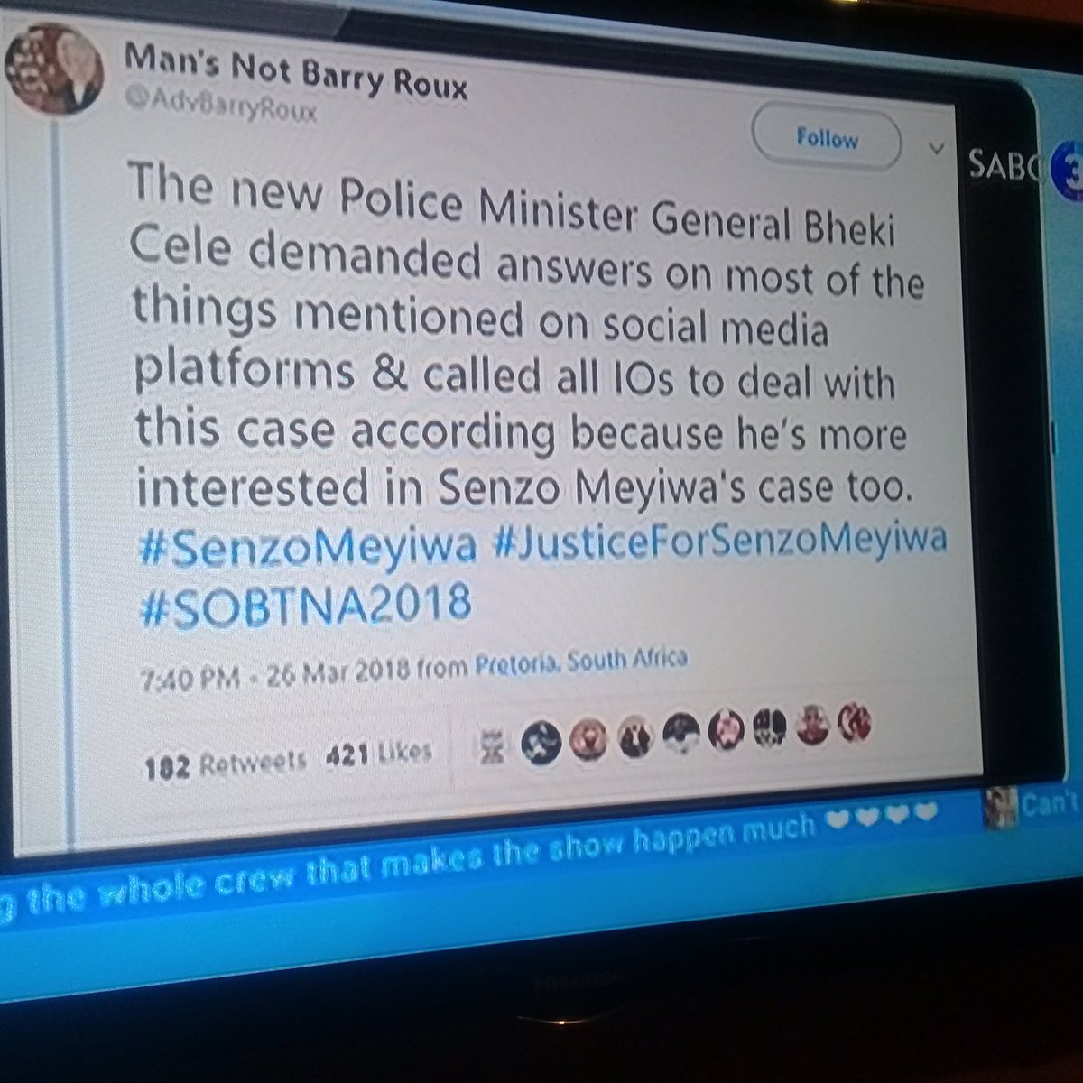 Sello_Makgotho's tweet photo. @TrendingSAon3 : @AdvBarryRoux is on 👌👌👌👌
I can't wait to hear what he has to say !!
He came with more rough voice and ain't audible enough so he will be called back after the advert with less scary voice lol ✊✊
#BringBackOurAdv #SOBTNA2018 #tsaon3 https://t.co/KlVoj0XIkU