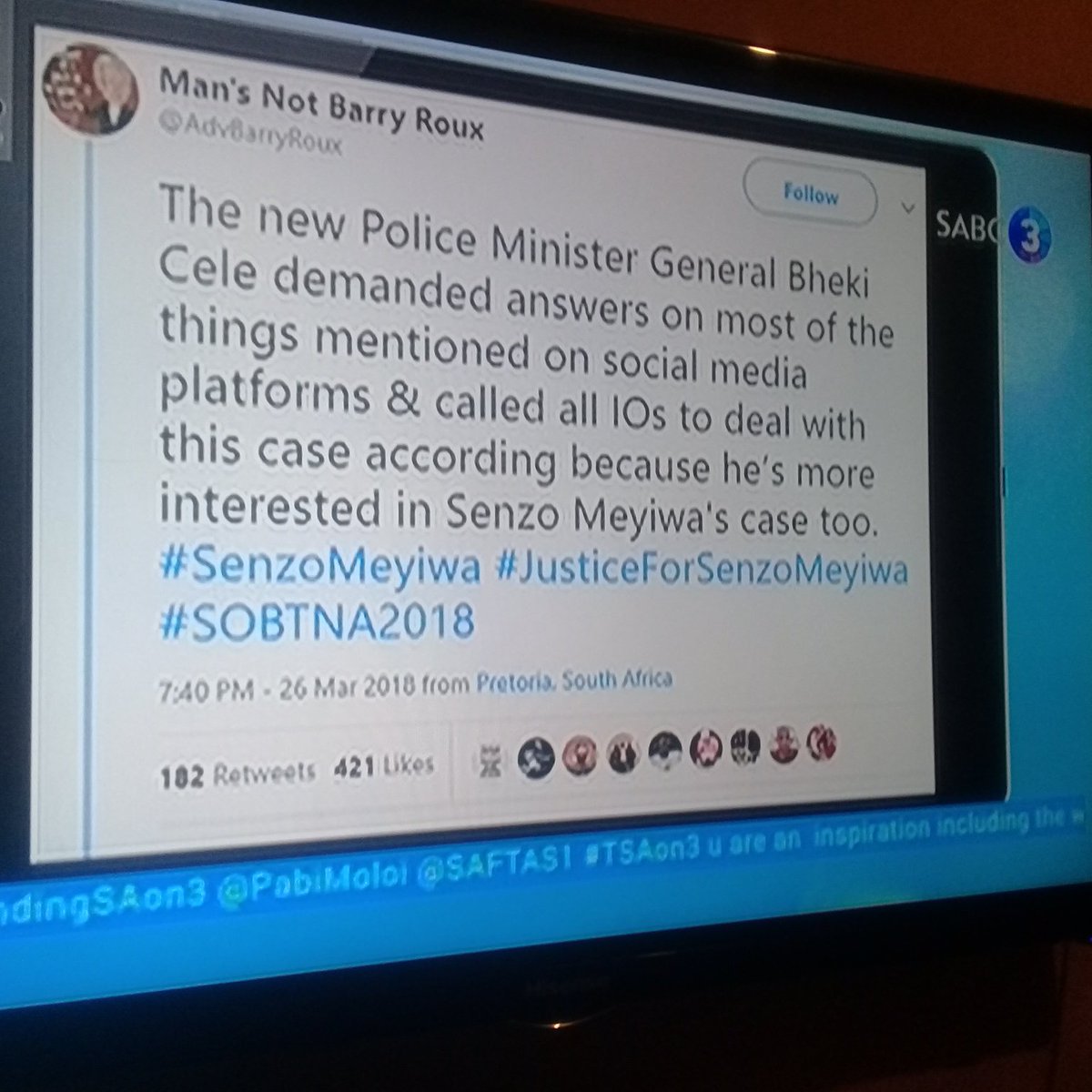 Sello_Makgotho's tweet photo. @TrendingSAon3 : @AdvBarryRoux is on 👌👌👌👌
I can't wait to hear what he has to say !!
He came with more rough voice and ain't audible enough so he will be called back after the advert with less scary voice lol ✊✊
#BringBackOurAdv #SOBTNA2018 #tsaon3 https://t.co/KlVoj0XIkU
