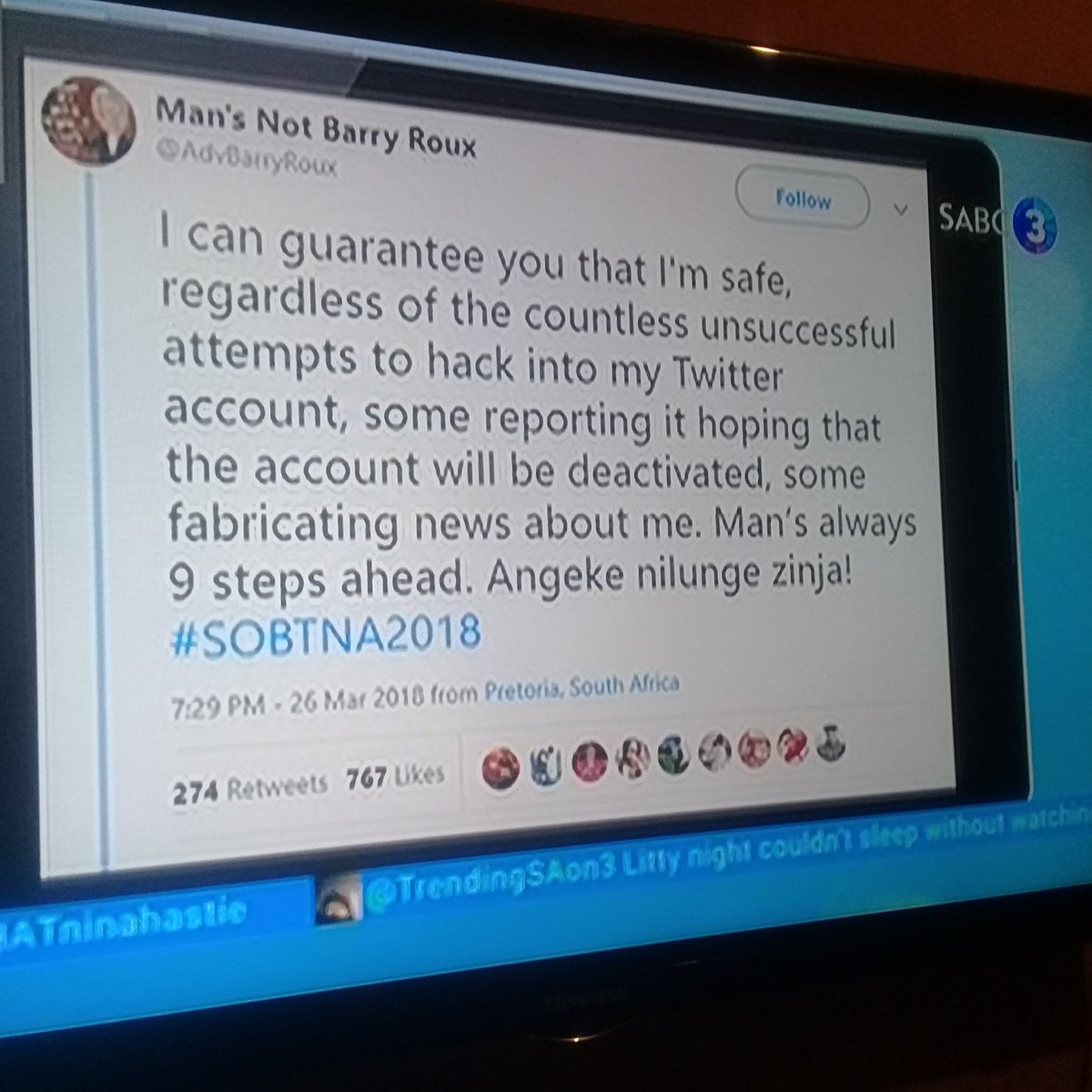 Sello_Makgotho's tweet photo. @TrendingSAon3 : @AdvBarryRoux is on 👌👌👌👌
I can't wait to hear what he has to say !!
He came with more rough voice and ain't audible enough so he will be called back after the advert with less scary voice lol ✊✊
#BringBackOurAdv #SOBTNA2018 #tsaon3 https://t.co/KlVoj0XIkU