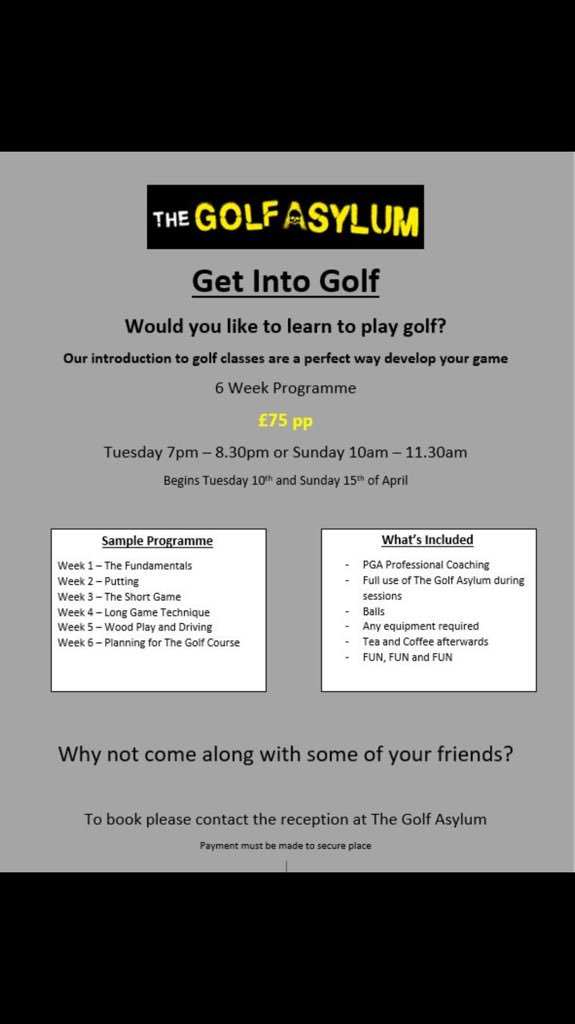 The Golf Asylum (@the_golfasylum) on Twitter photo New to Golf? Want to learn to play in a relaxed environment?
Come along to our new 'Get into Golf' classes!
If anyone would like more information please get in touch <a href="/BobbyRushford/">Fairways Indoor Golf Arena BR Golf</a> #indoorgolf #pgaprofessional #thegolfasylum #northlanarkshire #Scotland New to Golf? Want to learn to play in a relaxed environment?
Come along to our new 'Get into Golf' classes!
If anyone would like more information please get in touch <a href="/BobbyRushford/">Fairways Indoor Golf Arena BR Golf</a> #indoorgolf #pgaprofessional #thegolfasylum #northlanarkshire #Scotland